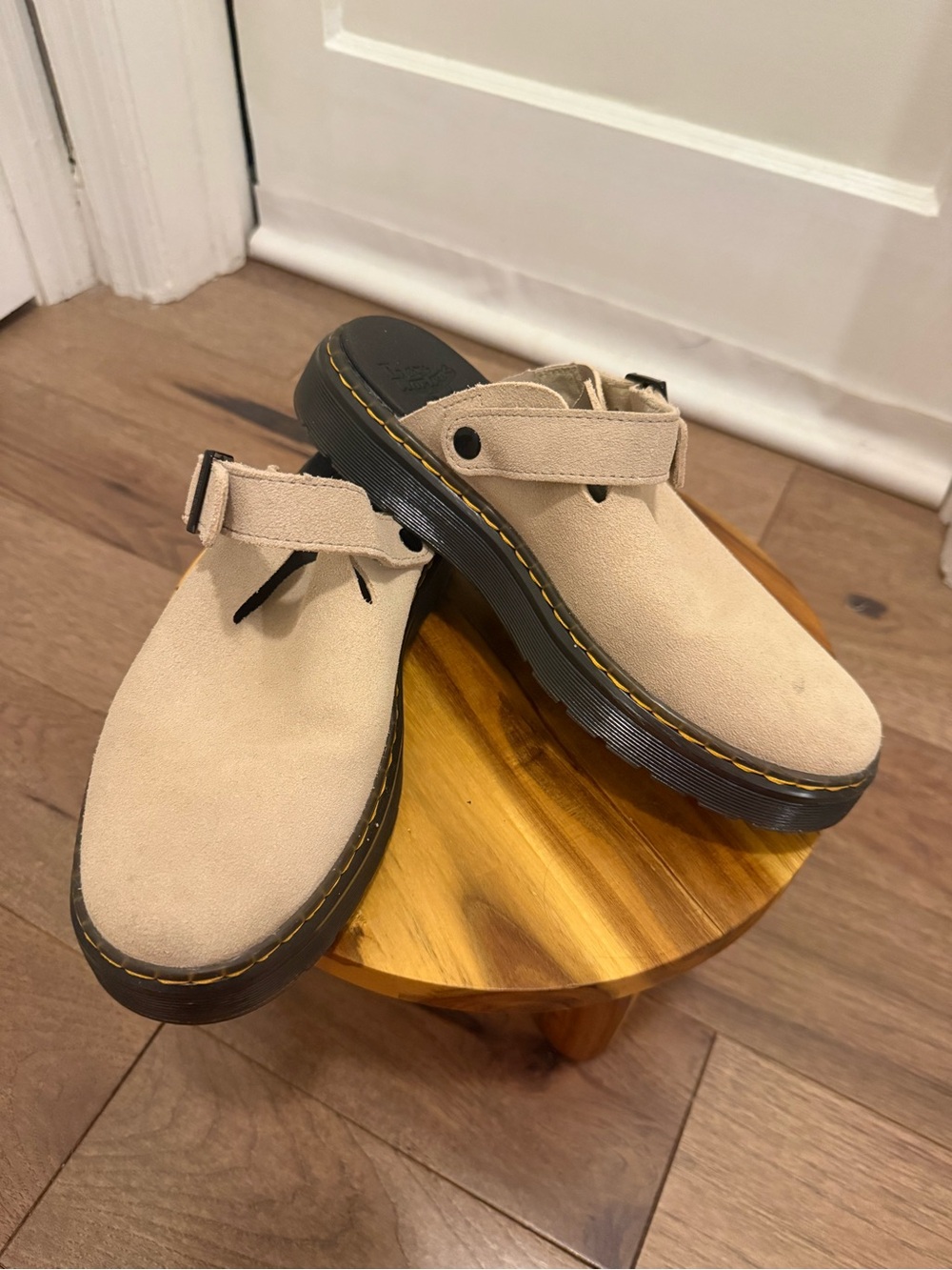 Dr. Martens Beige Suede Clog Mules with Black Soles